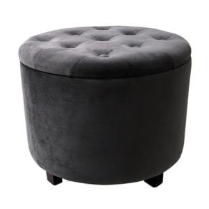 Round Velvet Storage Ottoman with Beech Wood Legs and Button Tufted Top (Gray)