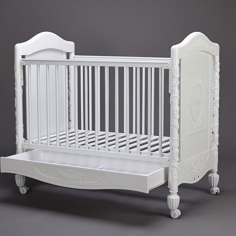 White Solid Wood Baby Crib On Wheels, Wooden Baby Cribs With Drawers And Wheels
