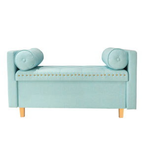 Baby Blue Storage Ottoman Bench on Lower Beech Wood Legs with Matching Pillows and Nail Heads Decoration