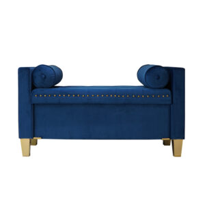 Navy Blue Velvet Storage Ottoman Bench on Lower Metal Legs with Matching Pillows and Nail Heads Decoration