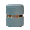 Round Storage Ottoman Stool Covered in Blue Velvet Fabric and with Golden-colored Metal Trim