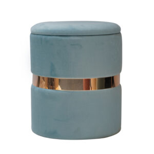 Round Storage Ottoman Stool Covered in Blue Velvet Fabric and with Golden-colored Metal Trim