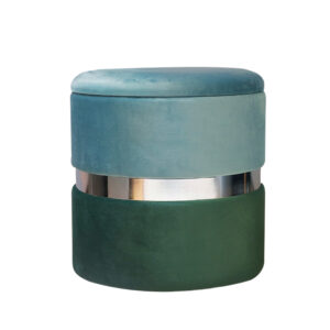 Round Storage Ottoman Stool Covered in Blue and Green Velvet Fabric and with Silver-colored Metal Trim