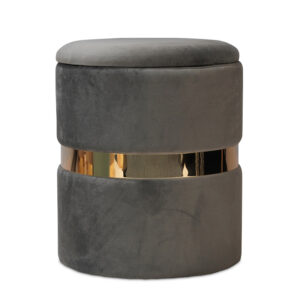 Round Storage Ottoman Stool Covered in Gray Velvet Fabric and with Golden-colored Metal Trim