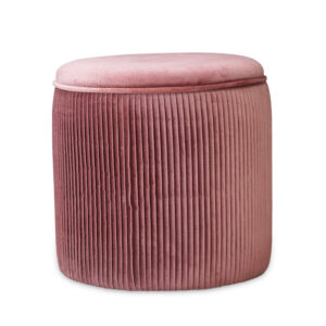 Round Storage Ottoman Stool Covered in Pink Velvet Fabric and with Pleated Detailing