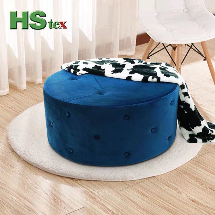 Blue Round Velvet Ottoman Pouf with Button Tuft Detailing