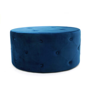 Blue Round Velvet Ottoman Pouf with Button Tuft Detailing