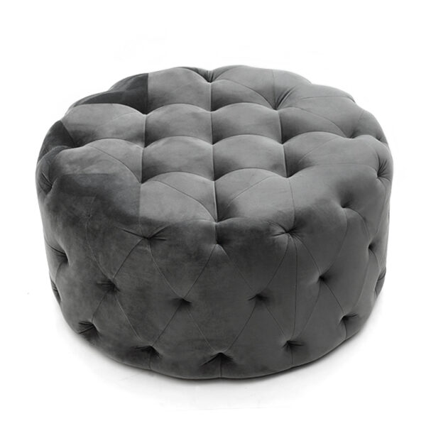 Gray Round Velvet Ottoman Pouf with Diamond Tuft Detailing