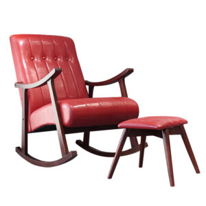 Rocking Chair with Red Faux Leather Cushion and Foot Rest