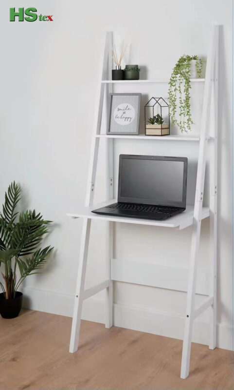 White Wooden Ladder Shelf Desk with Two Shelves on Top and One Desk Workstatio