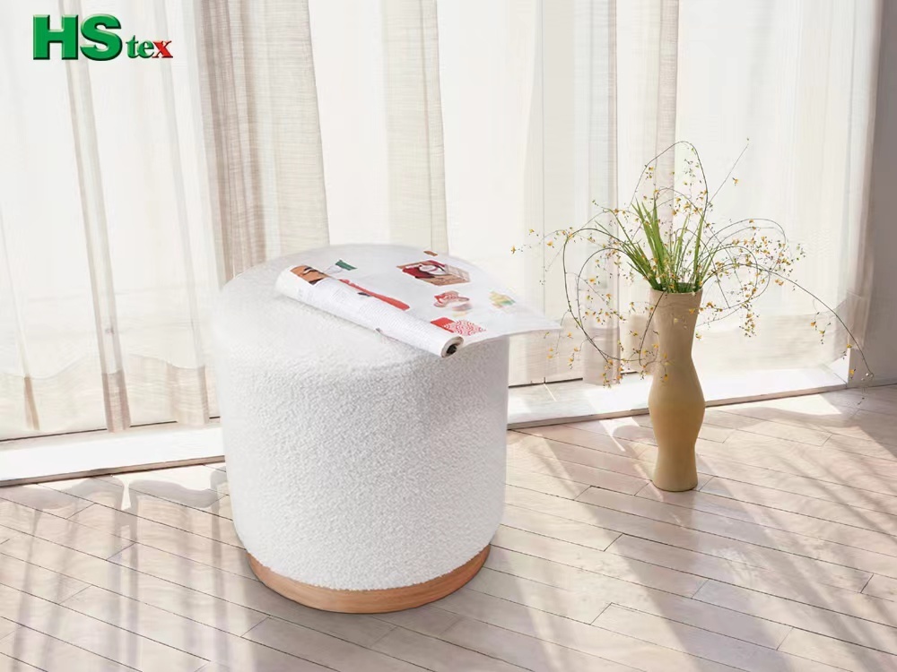 Ottoman Stool Using Teddy Velvet Fabric and With Natural Wooden Base