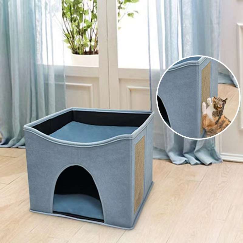 Pet House with Double Layer Structure Upper Top Bed and Cat Scratch Pad 9