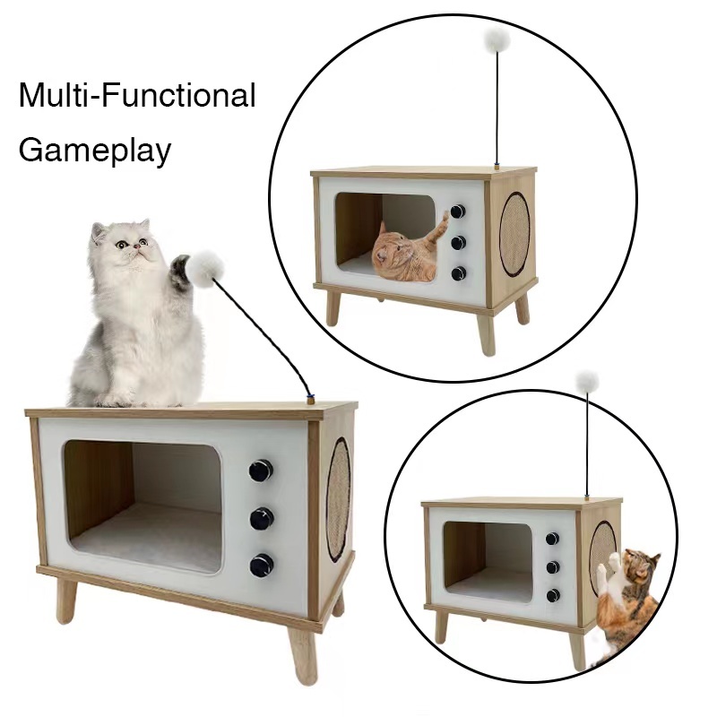 Wooden TV Set Pet Condo House with Cushion, Cat Scratcher and Fur Bell Ball Toy