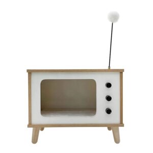 Wooden TV Set Pet Condo House with Cushion, Cat Scratcher and Fur Bell Ball Toy