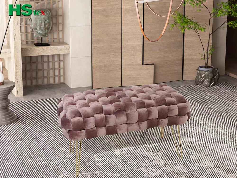 Hand-Woven Velvet Ottoman Bench with Metal Legs