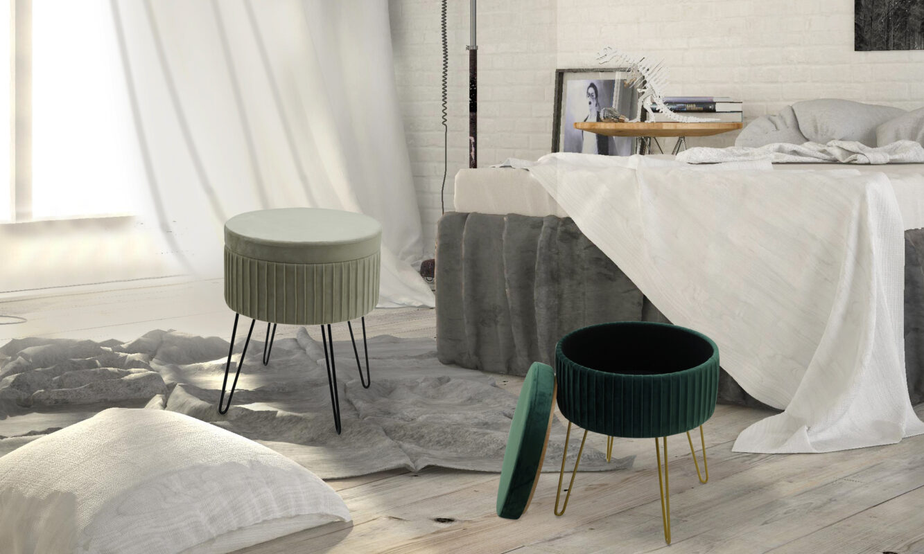 Round Storage Ottoman Stool with Metal Hairpin Legs